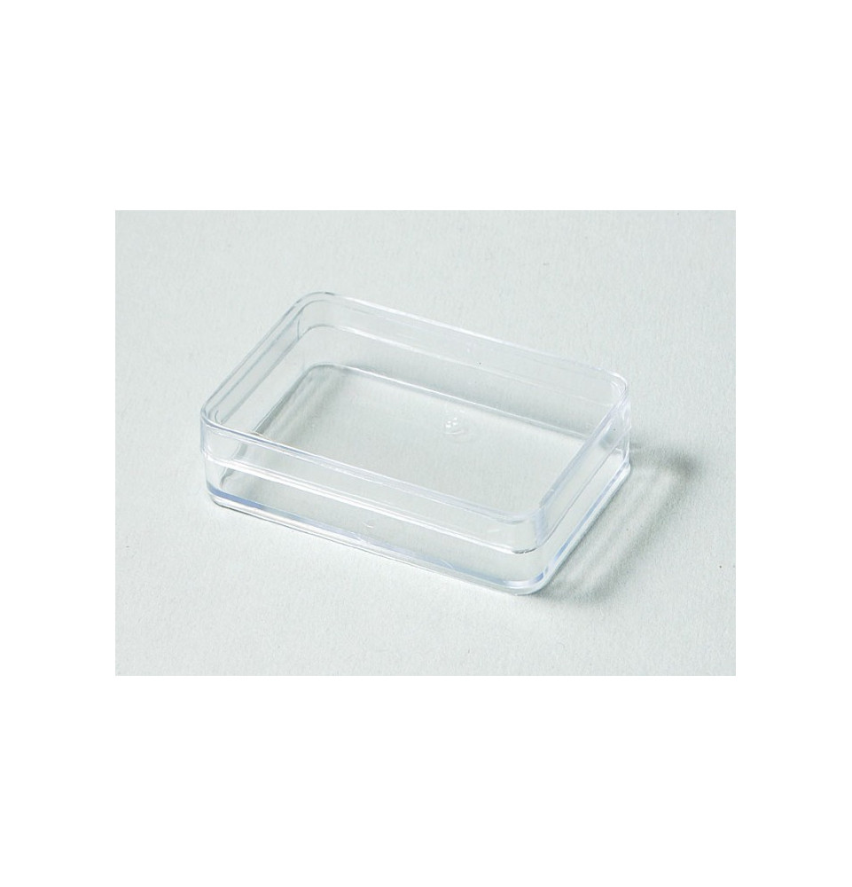 Boîte plastique 81x57x70 mm transparent, couvercle intégré et cuillère  (longueur 118 mm)