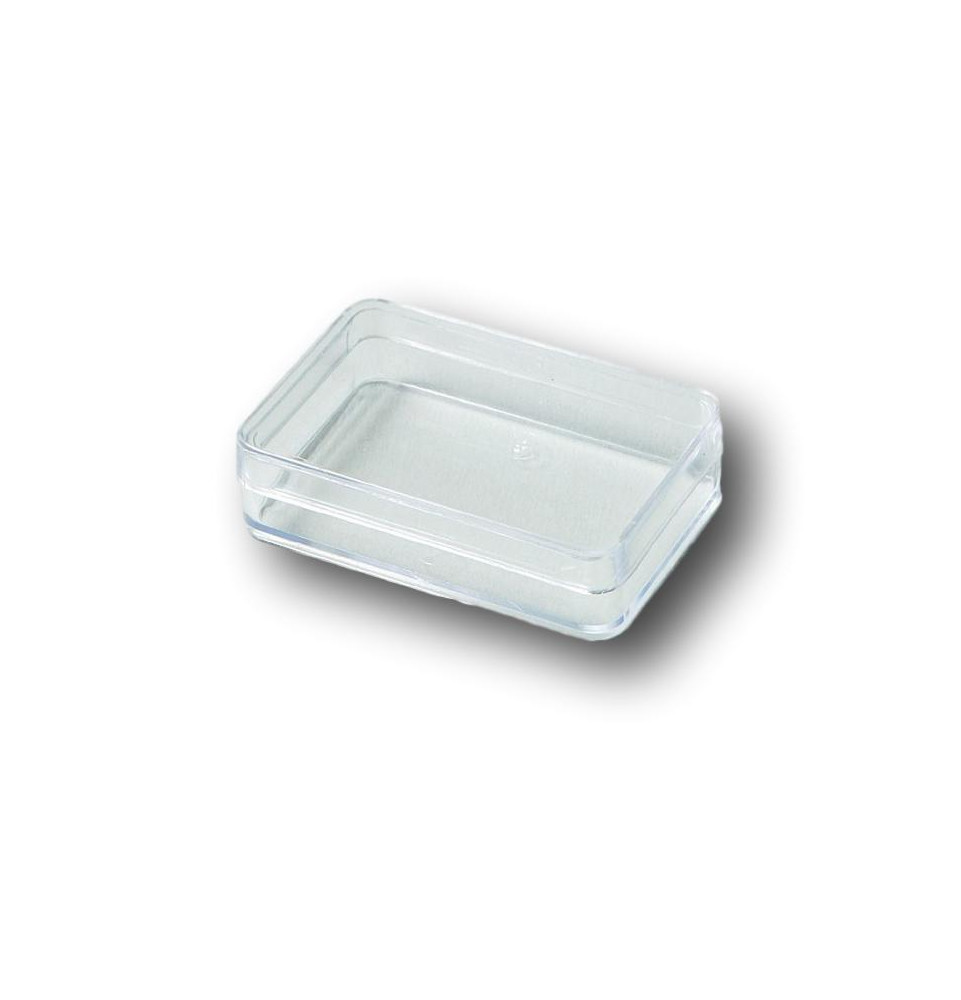 Boîte plastique 81x57x70 mm transparent, couvercle intégré et cuillère  (longueur 118 mm)